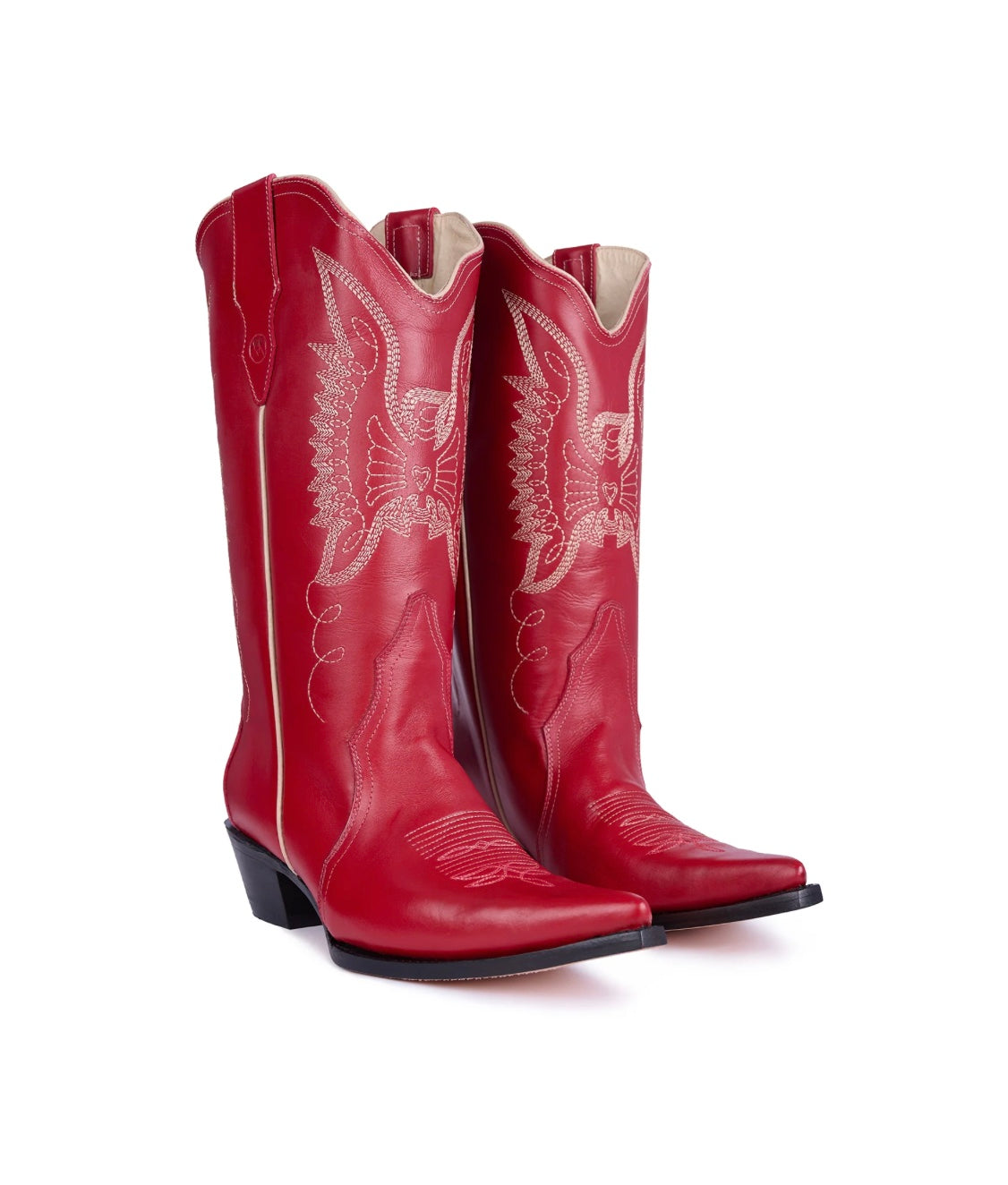 Botas vaqueras artesanales rojas. Exterior, forro y suela 100% de piel. Bordado del ave Fenix. 